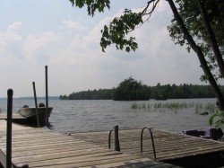 Mainland dock with island off shore